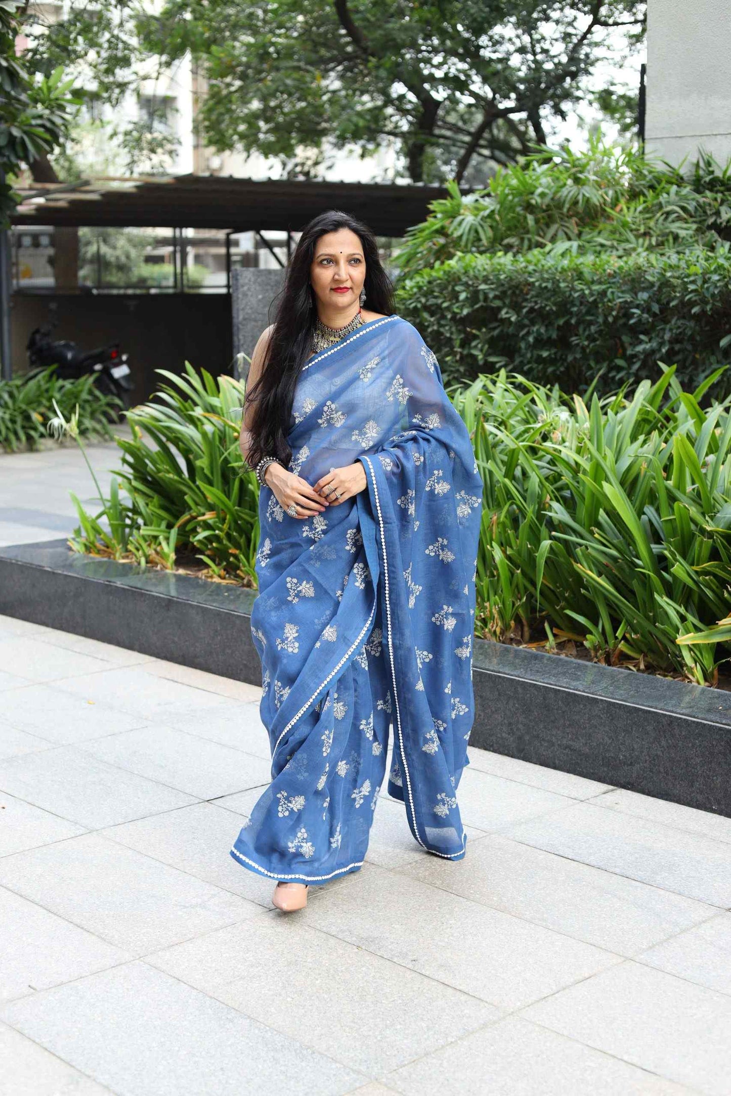 Cobalt Blue Embroidered Linen Saree