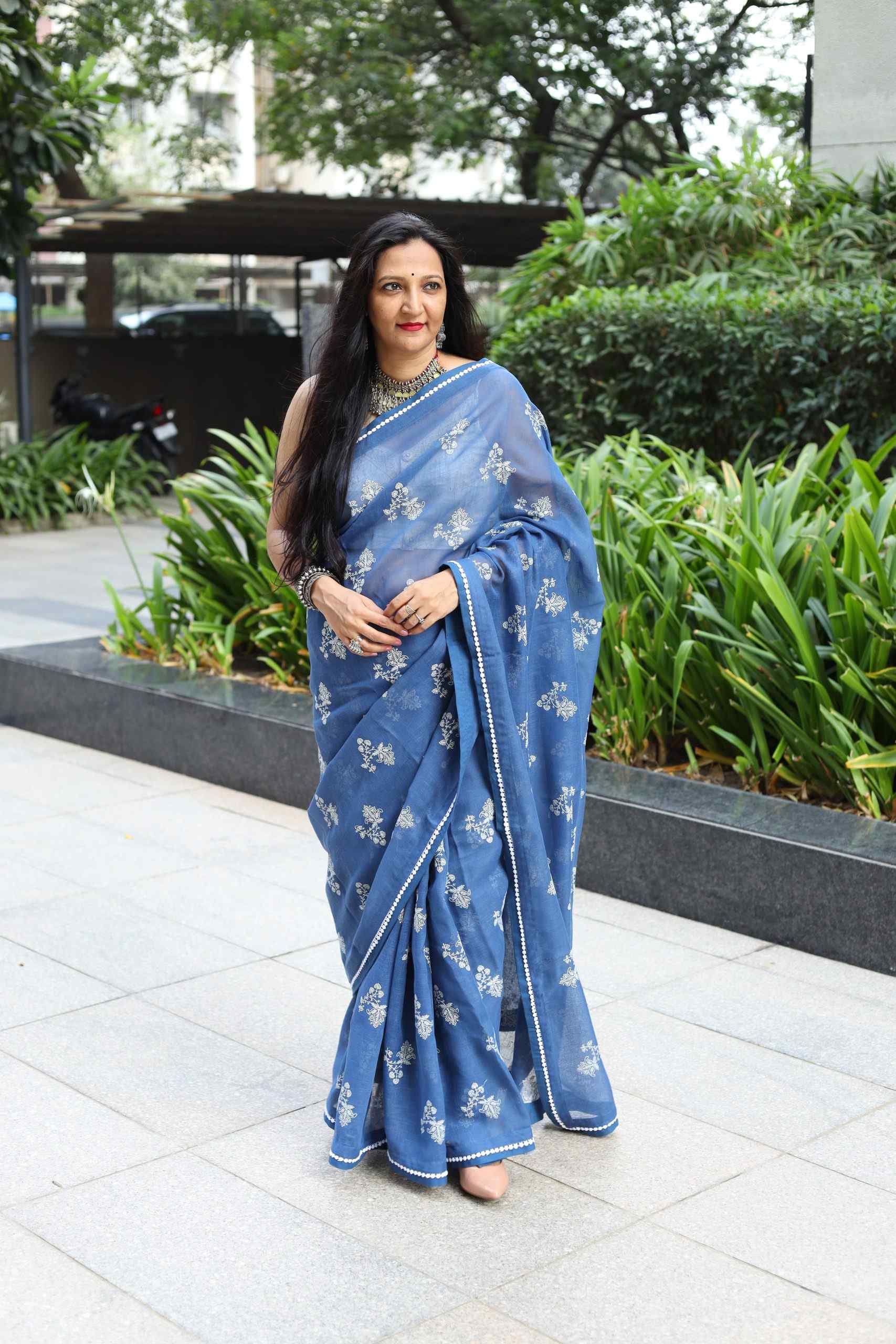 Irresistible Assam silk saree with Hand Block Print in Cobalt Blue