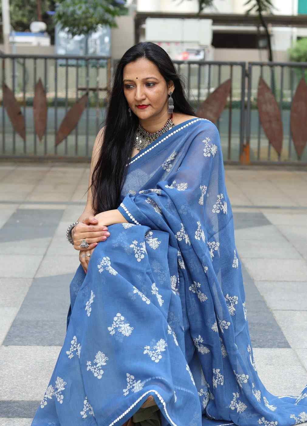 Cobalt Blue Embroidered Linen Saree