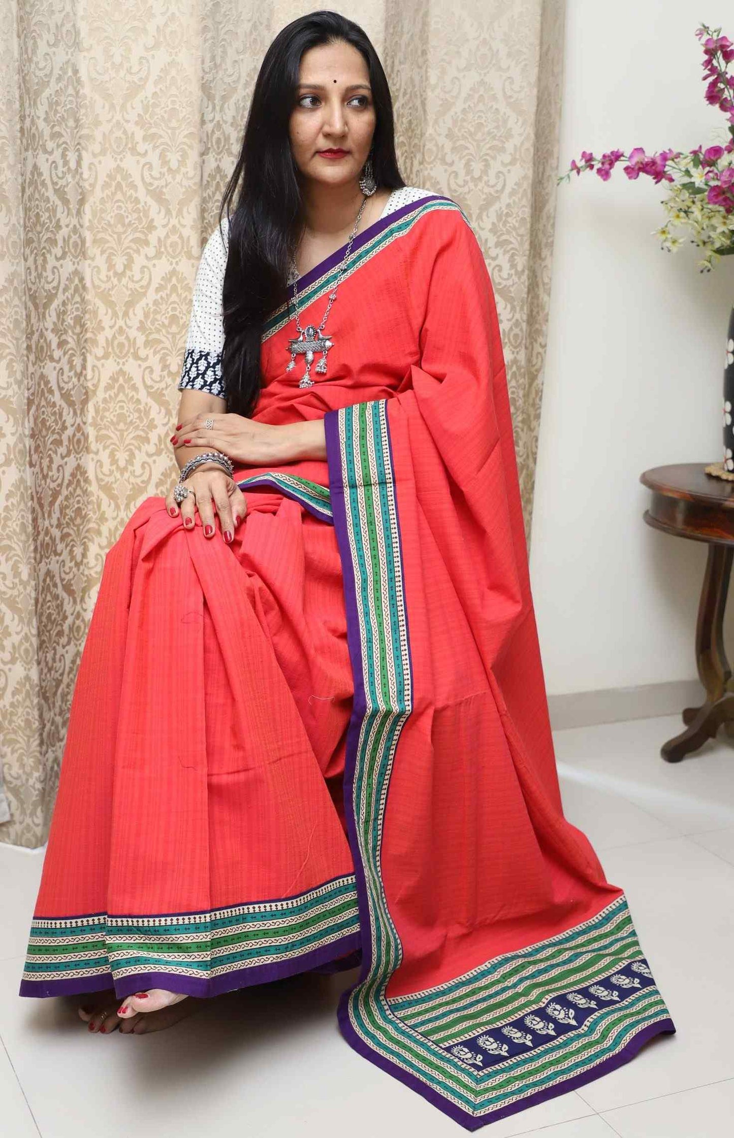 Coral Pink Saree with Purple Border