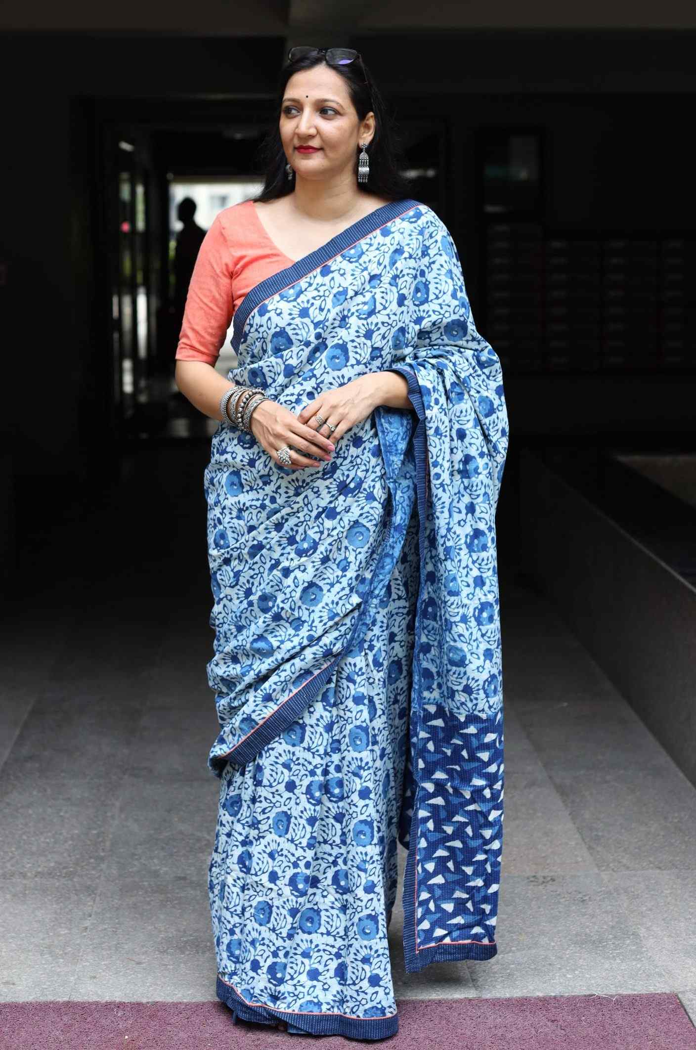 Indigo print cotton mulmul saree with blouse