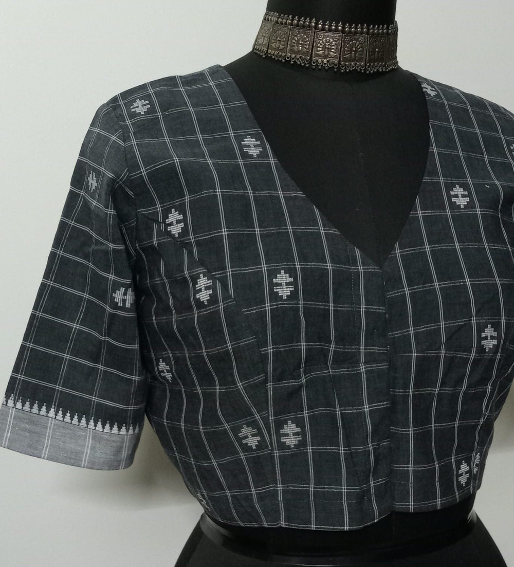 Buy Dark Grey Jacquard Checks Blouse | Godhuli