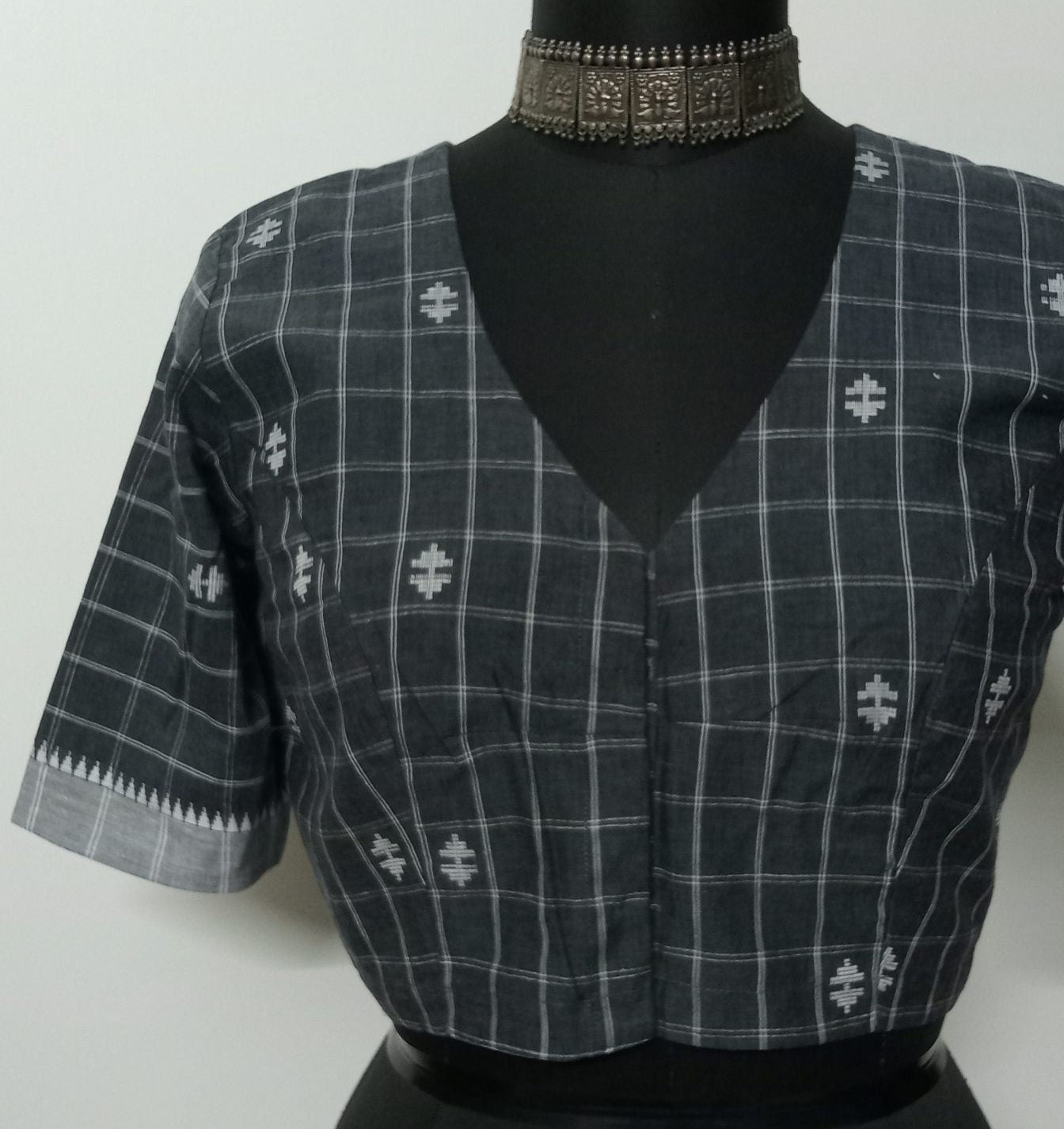 Dark Grey Jaquard Checks Blouse