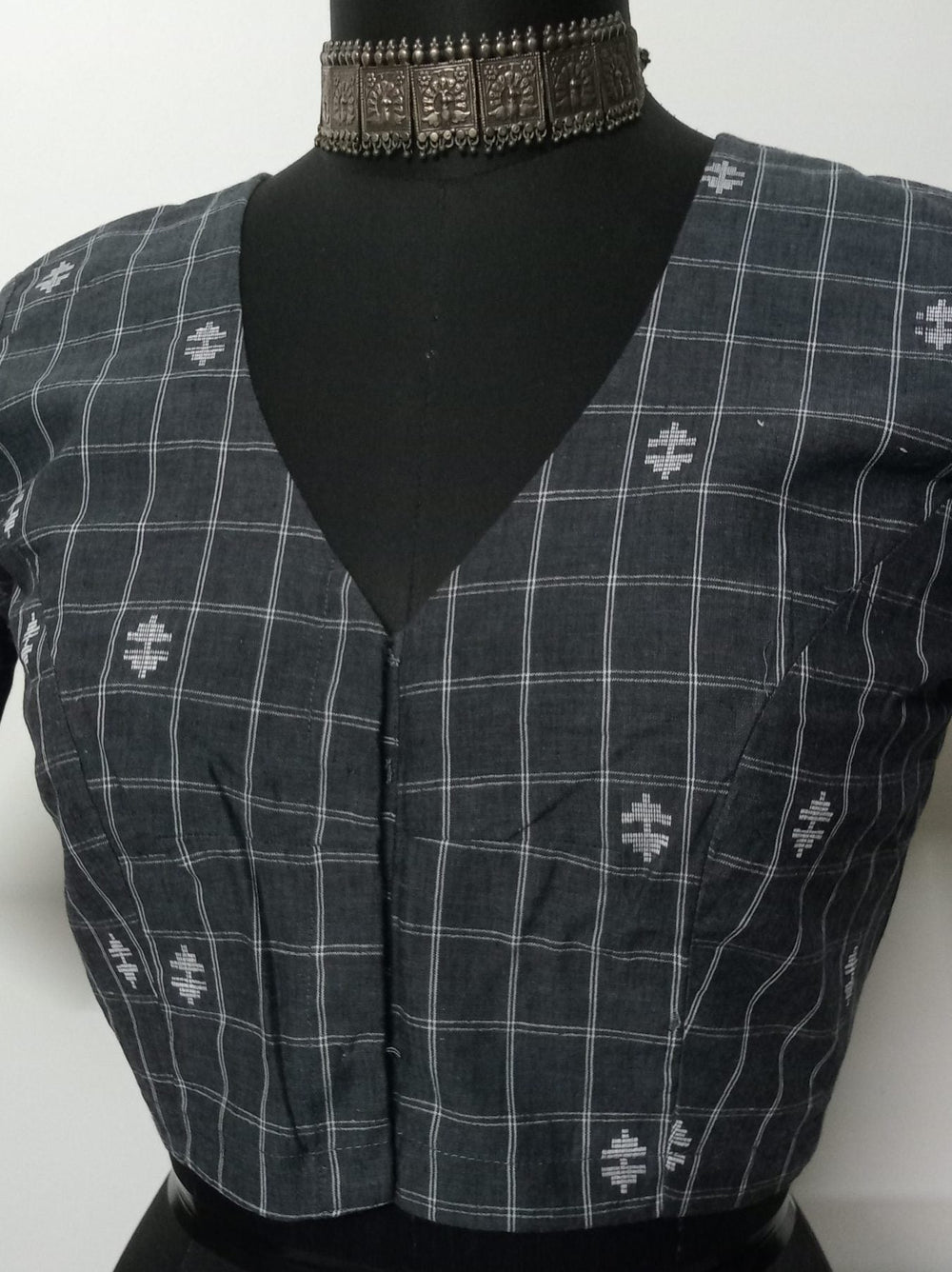 Buy Dark Grey Jacquard Checks Blouse | Godhuli