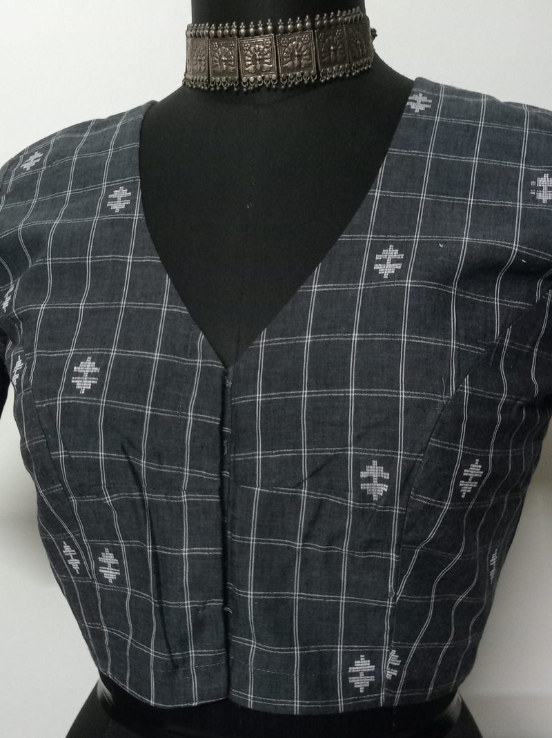 Buy Dark Grey Jacquard Checks Blouse | Godhuli
