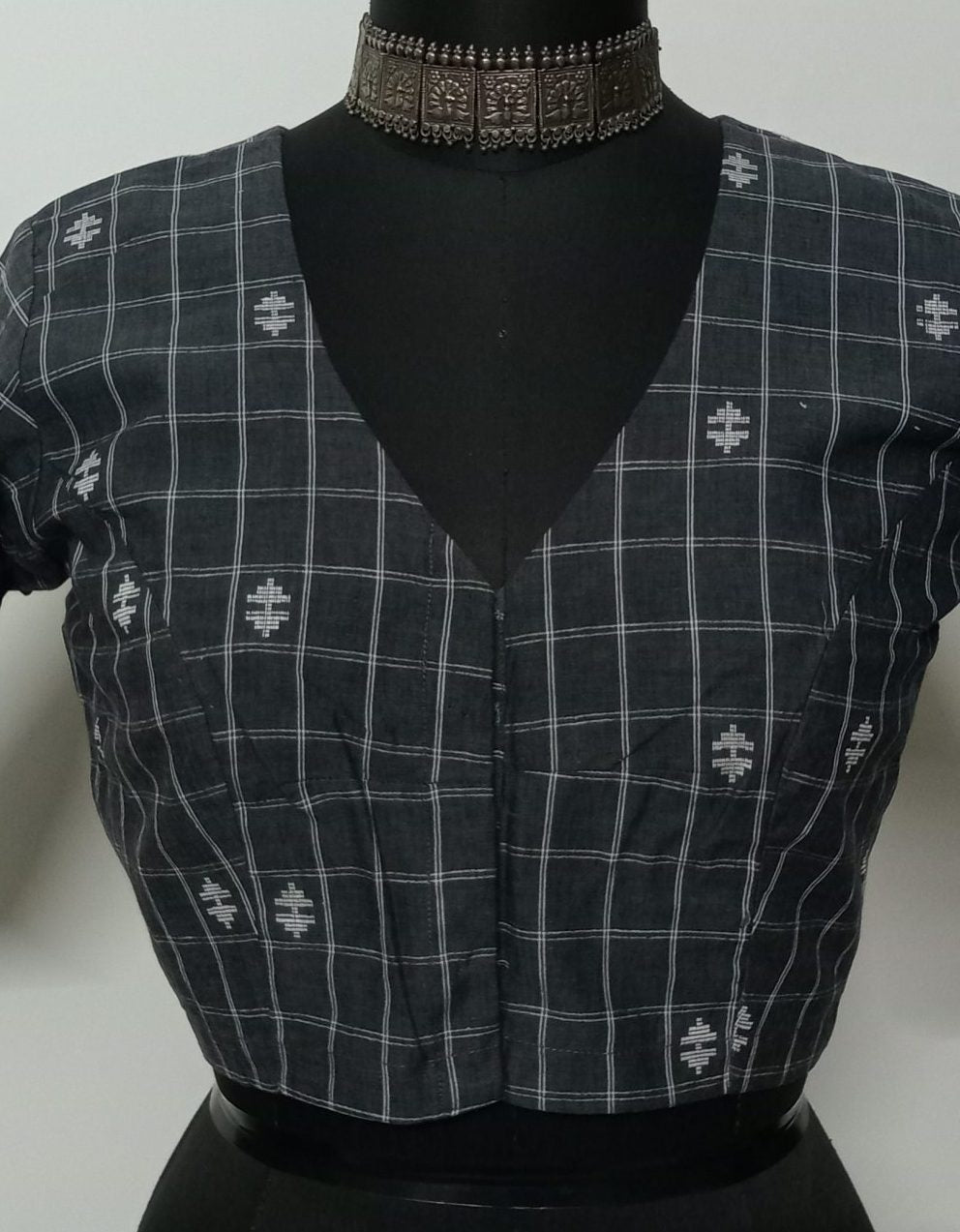 Buy Dark Grey Jacquard Checks Blouse | Godhuli