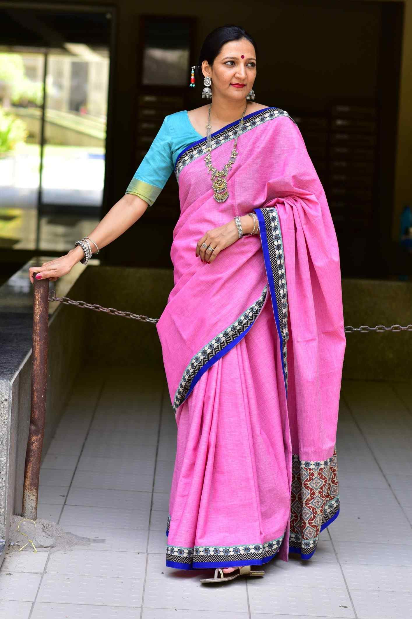 Buy Pink Pre-Stitched Saree And Blouse With Blue Blazer by Designer ITRH  Online at Ogaan.com