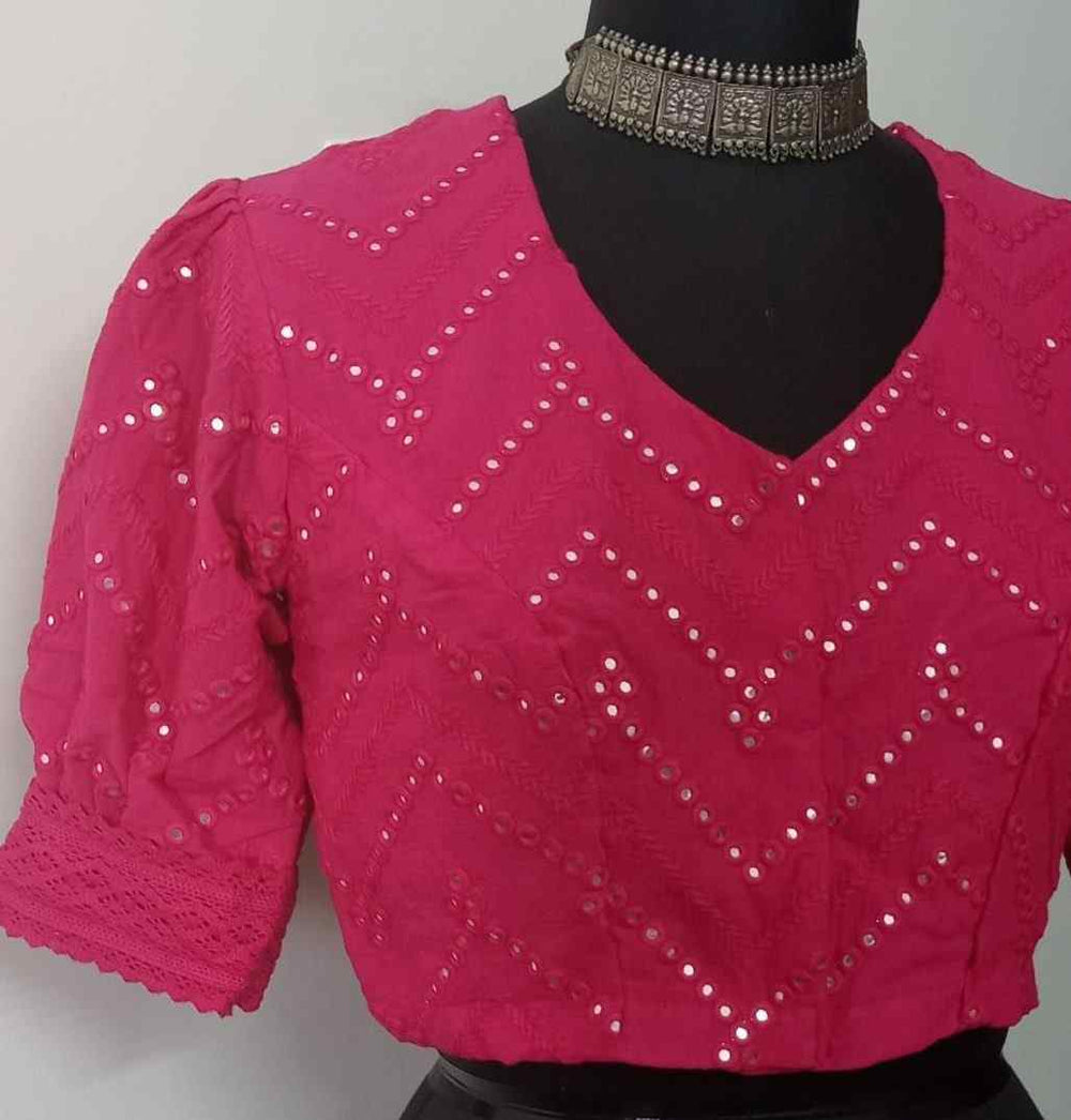 Fuschia Mirrorwork Readymade Blouse with Puff Sleeves | Godhuli