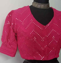 Fuschia Mirrorwork Readymade Blouse with Puff Sleeves | Godhuli