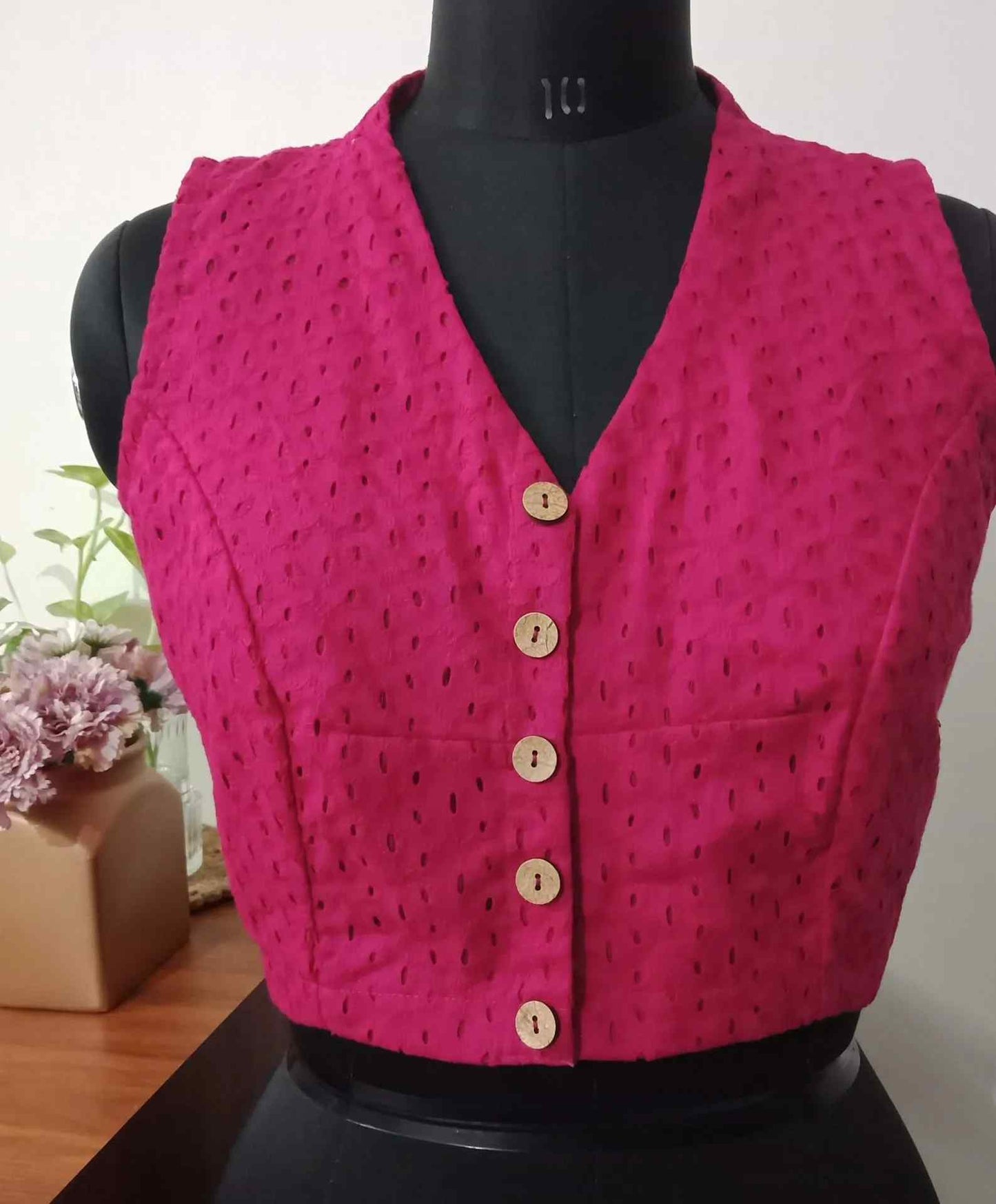 Fuschia Pink Cut Work Sleeveless Blouse