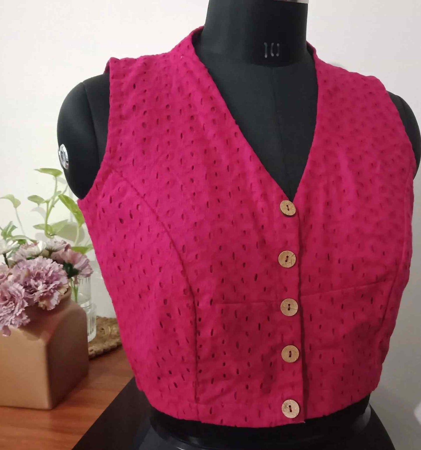 Fuschia Pink Cut Work Sleeveless Blouse