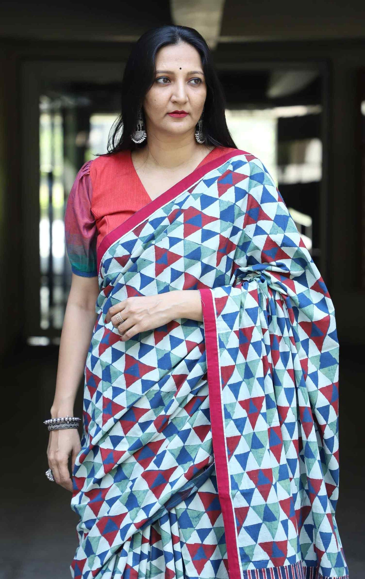 Geometric Print Ajrakh Saree with Striped Pallu