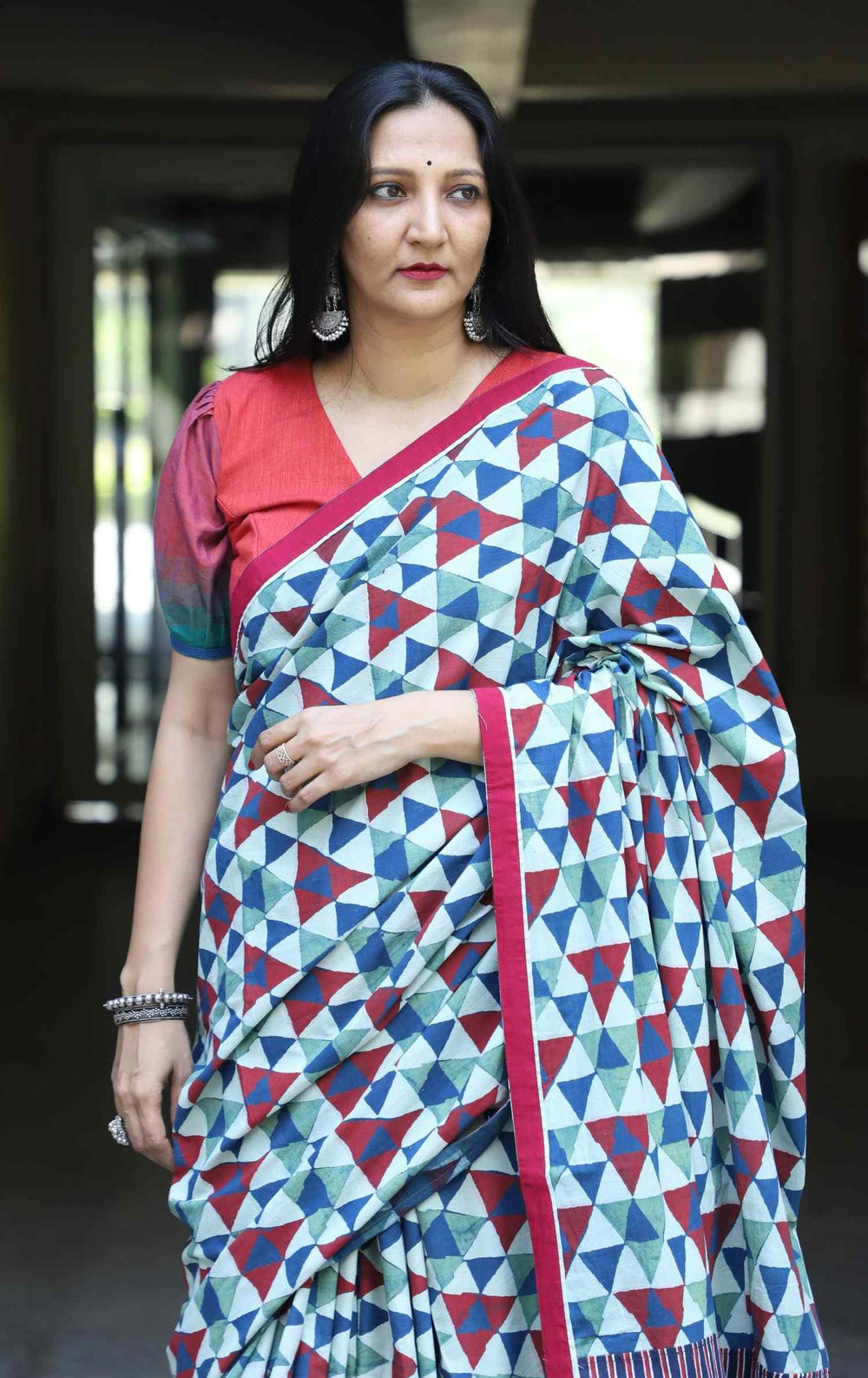 Buy Geometric Print Ajrakh Saree with Striped Pallu | Godhuli