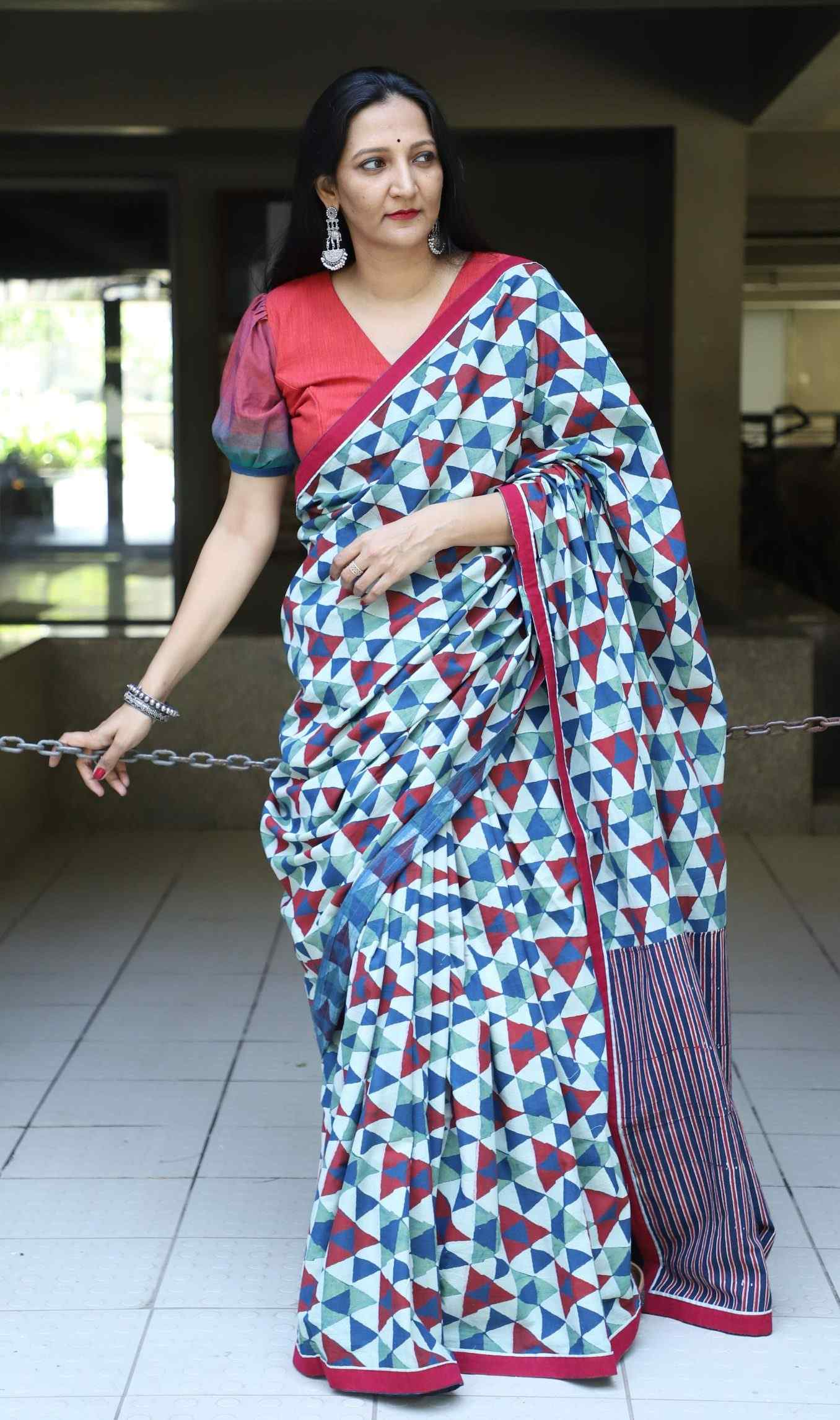 Geometric Print Ajrakh Saree with Striped Pallu