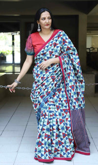 Buy Geometric Print Ajrakh Saree with Striped Pallu | Godhuli