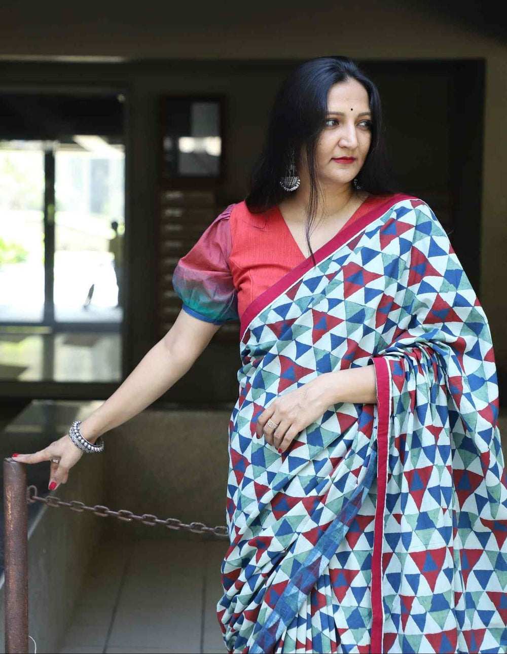 Buy Geometric Print Ajrakh Saree with Striped Pallu | Godhuli