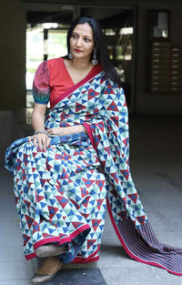 Buy Geometric Print Ajrakh Saree with Striped Pallu | Godhuli