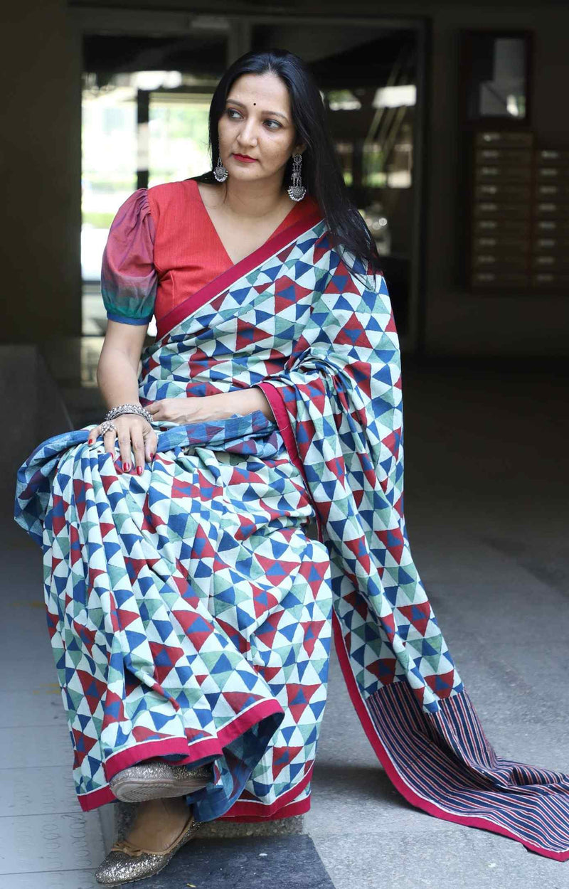 Buy Geometric Print Ajrakh Saree with Striped Pallu | Godhuli