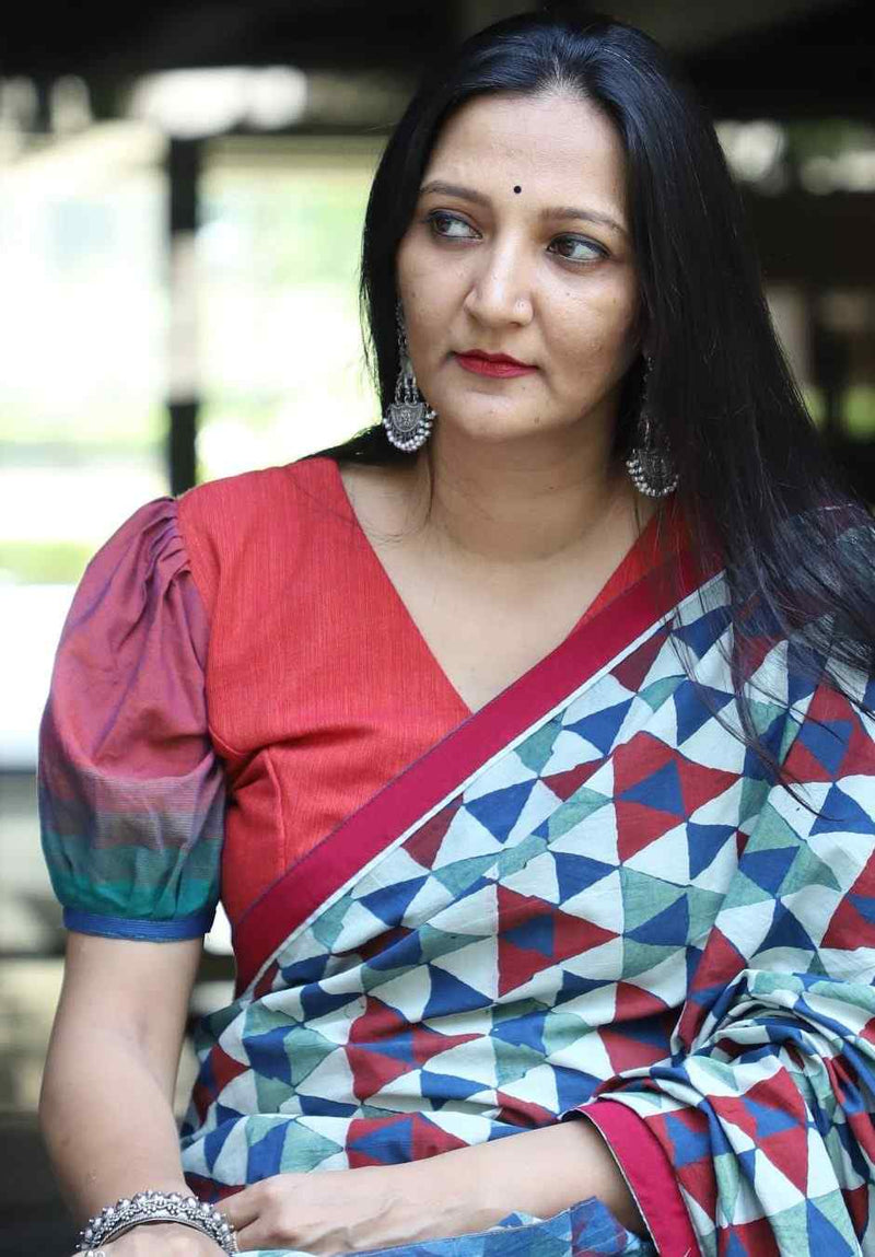 Buy Geometric Print Ajrakh Saree with Striped Pallu | Godhuli