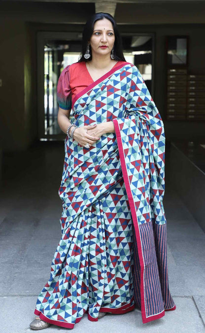 Geometric Print Ajrakh Saree with Striped Pallu