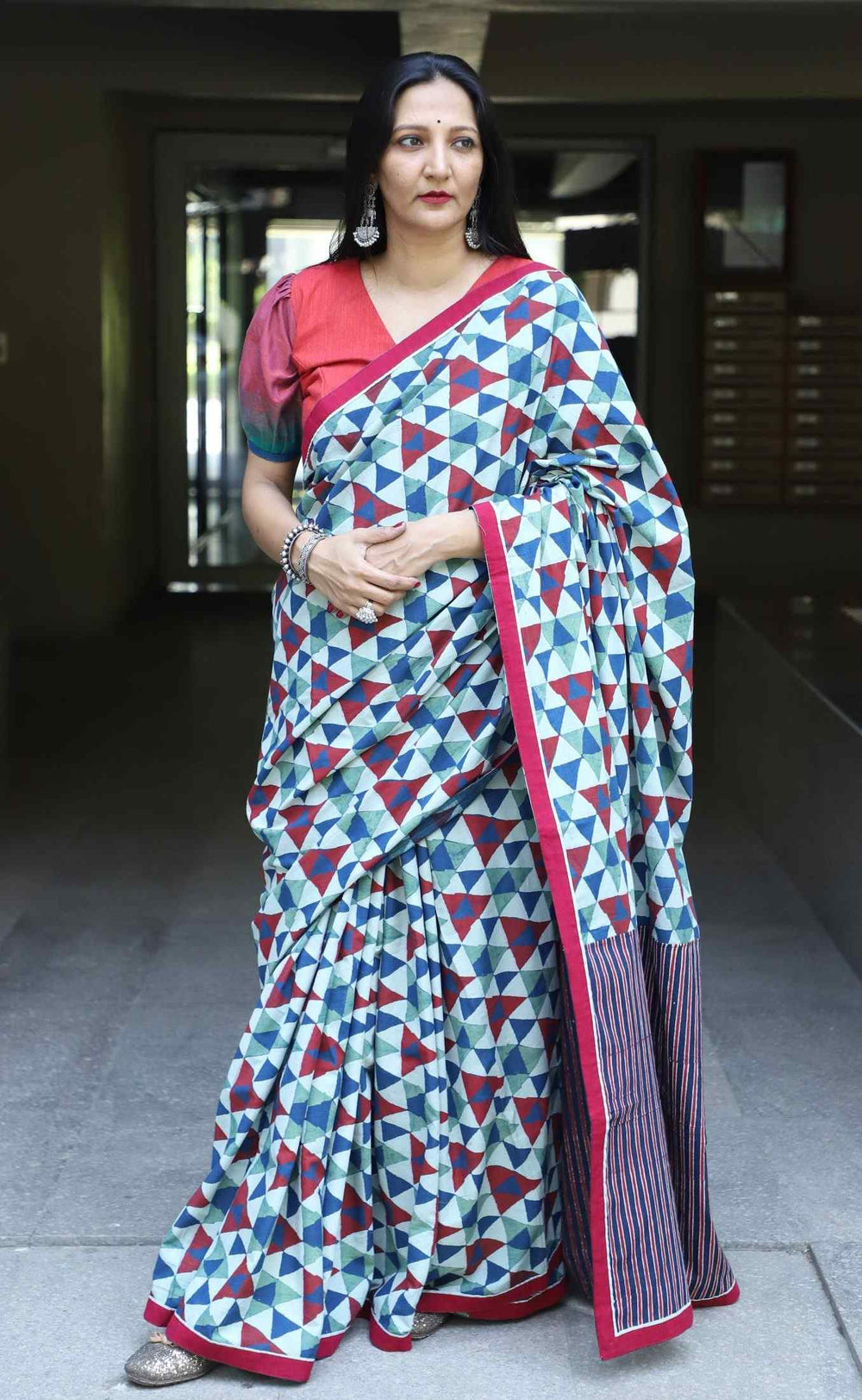 Buy Geometric Print Ajrakh Saree with Striped Pallu | Godhuli