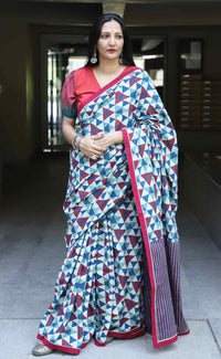 Buy Geometric Print Ajrakh Saree with Striped Pallu | Godhuli