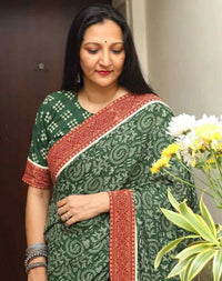 Buy Green Warli Hand Block Print Mulmul Saree | Godhuli