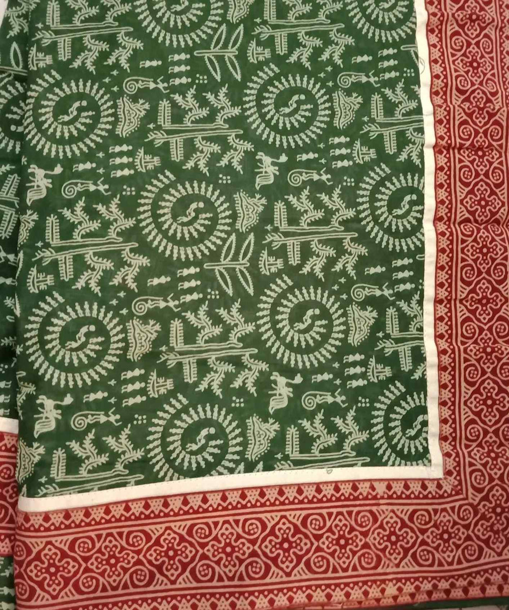 Buy Green Warli Hand Block Print Mulmul Saree | Godhuli