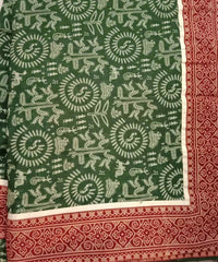 Buy Green Warli Hand Block Print Mulmul Saree | Godhuli