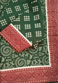 Buy Green Warli Hand Block Print Mulmul Saree | Godhuli