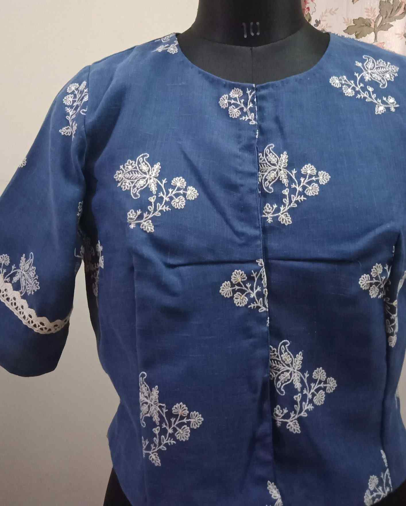 Greyish Blue Embroidered Linen Blouse