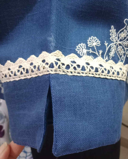 Greyish Blue Embroidered Linen Blouse