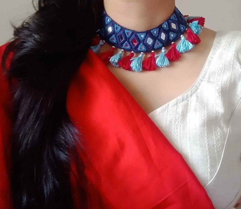 Buy Handcrafted Mirrorwork Blue Red Neckpiece | Godhuli