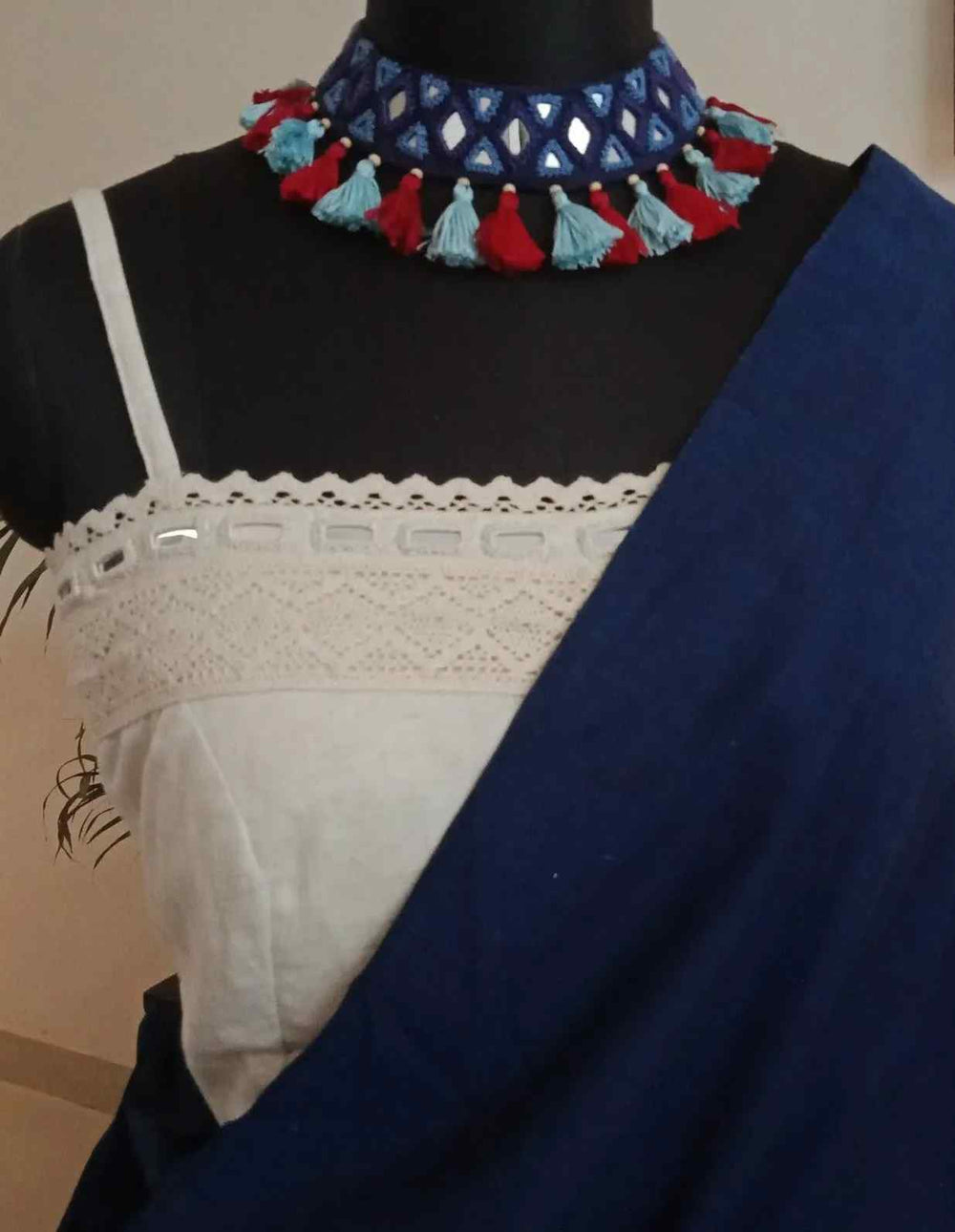 Buy Handcrafted Mirrorwork Blue Red Neckpiece | Godhuli