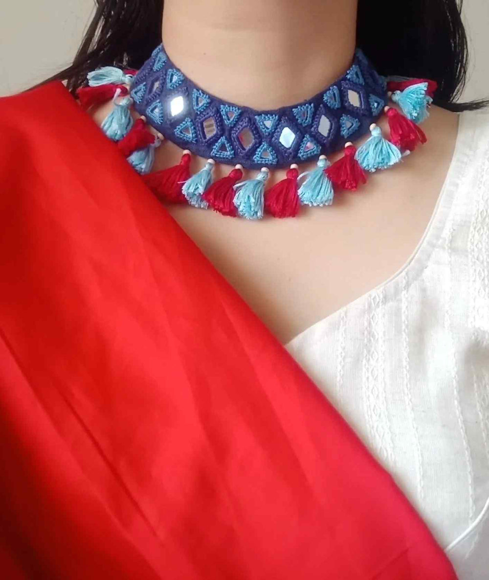 Buy Handcrafted Mirrorwork Blue Red Neckpiece | Godhuli