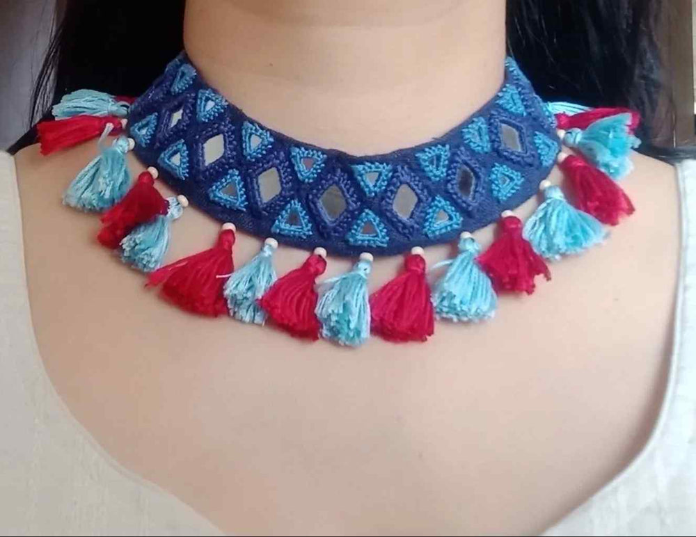 Buy Handcrafted Mirrorwork Blue Red Neckpiece | Godhuli