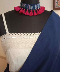 Buy Handmade Indigo Kantha Mirror Neckpiece | Godhuli
