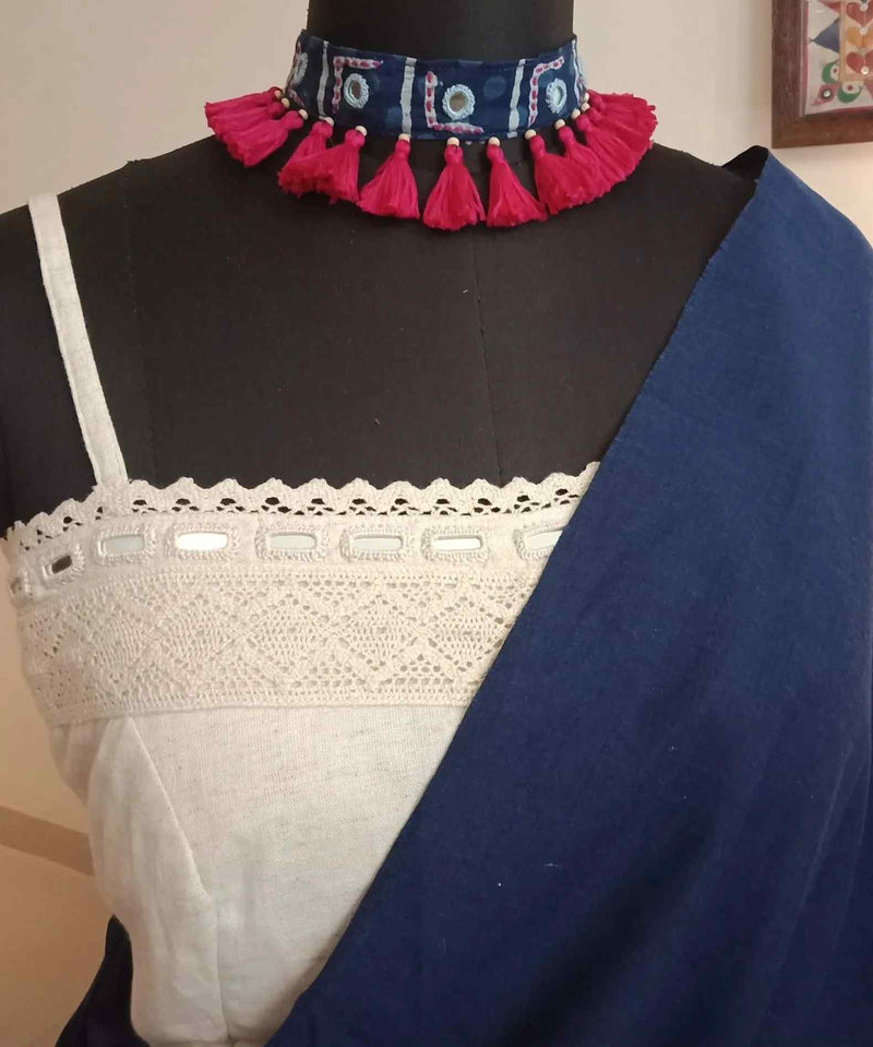 Buy Handmade Indigo Kantha Mirror Neckpiece | Godhuli