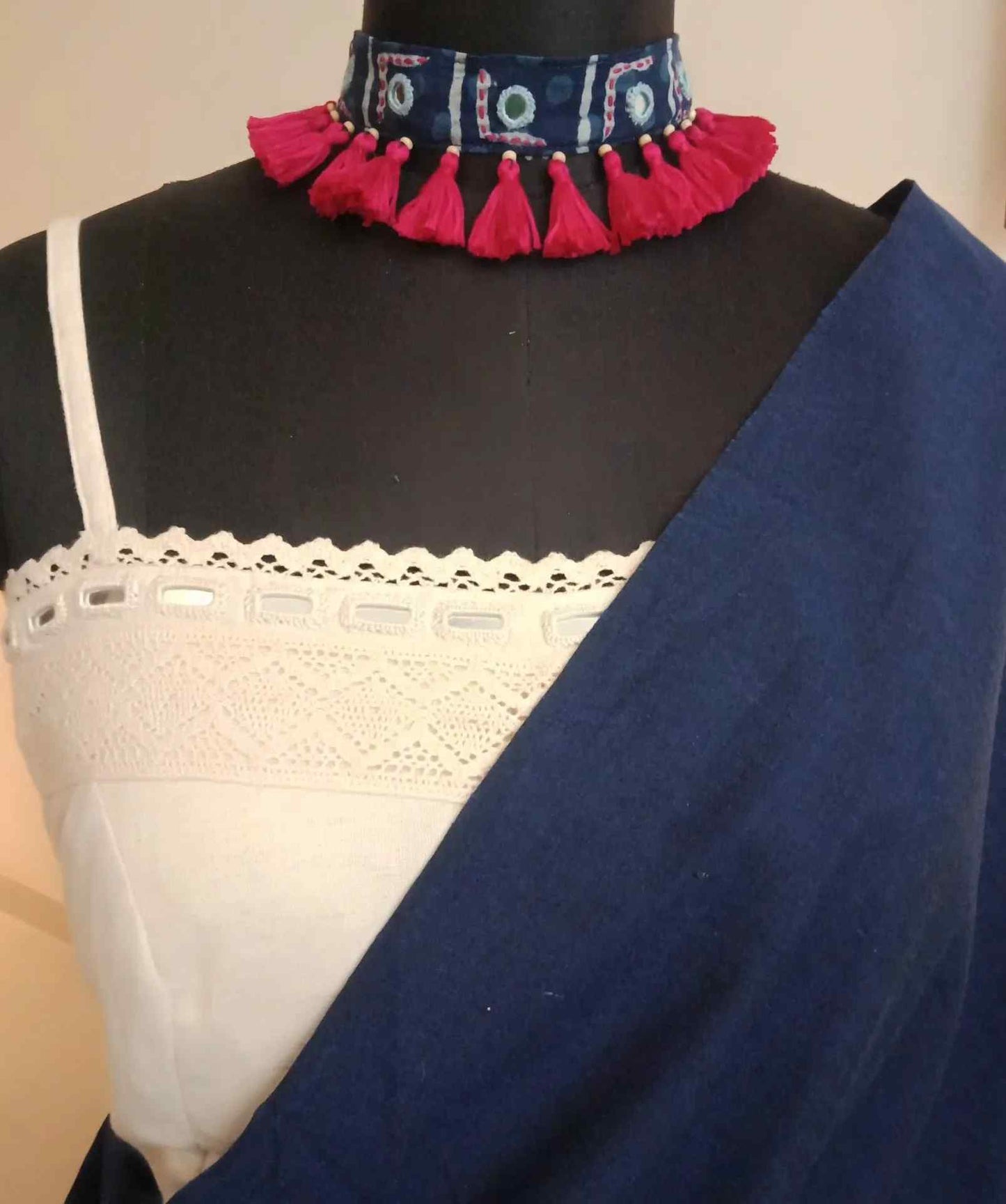 Handmade Indigo Kantha Mirror Neckpiece