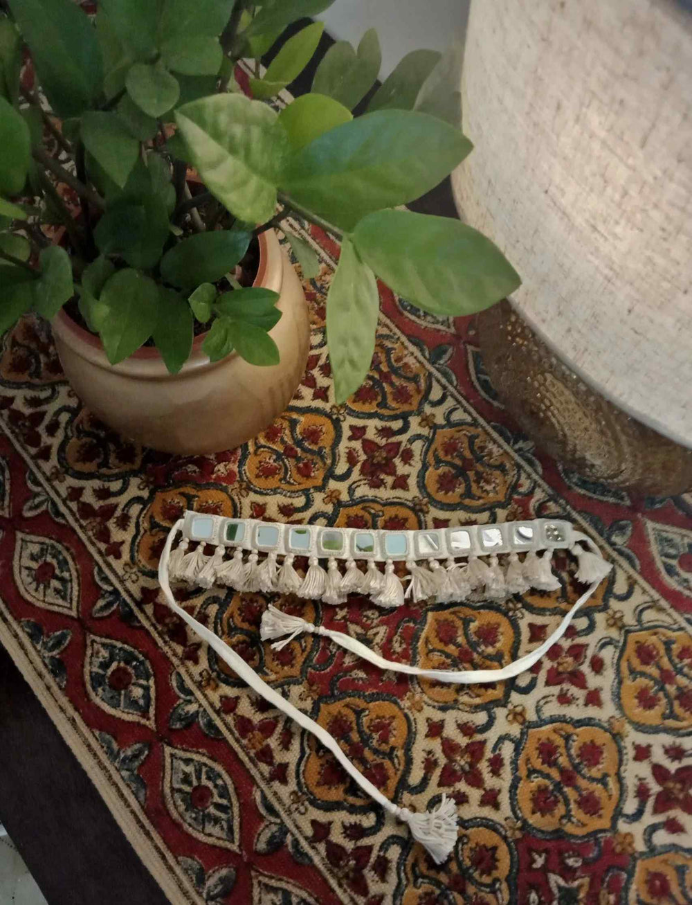 Buy Handmade Ivory Colour Square Mirror Neckpiece | Godhuli