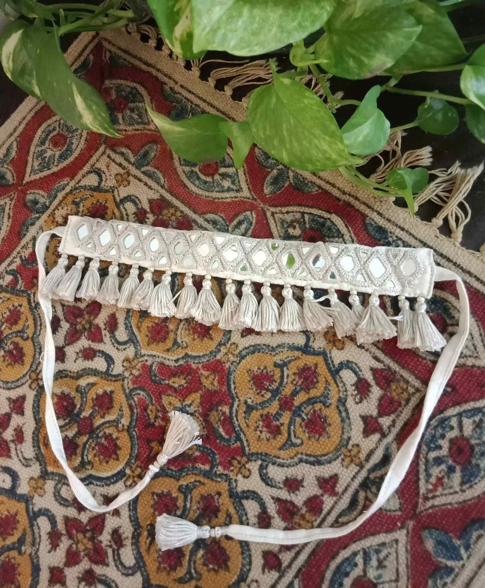 Buy Handmade Ivory Colour Triangular Mirror Neckpiece | Godhuli