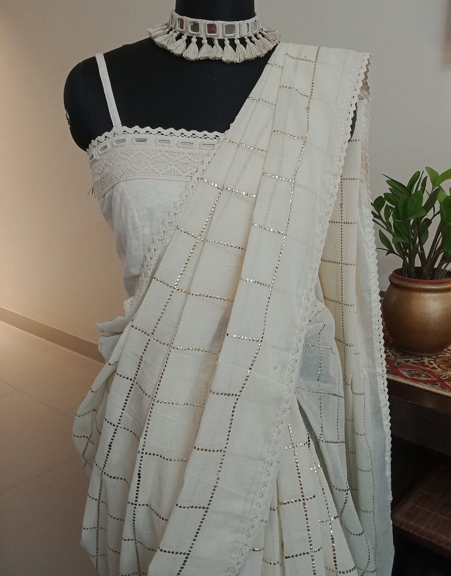 ivory mukaish work mulmul saree