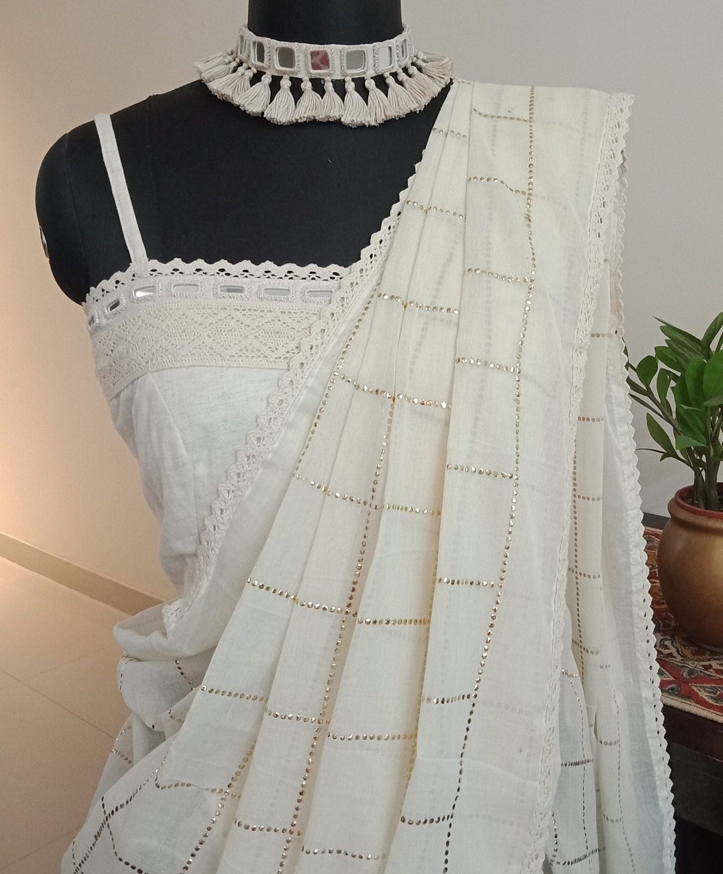 ivory mukaish work mulmul saree