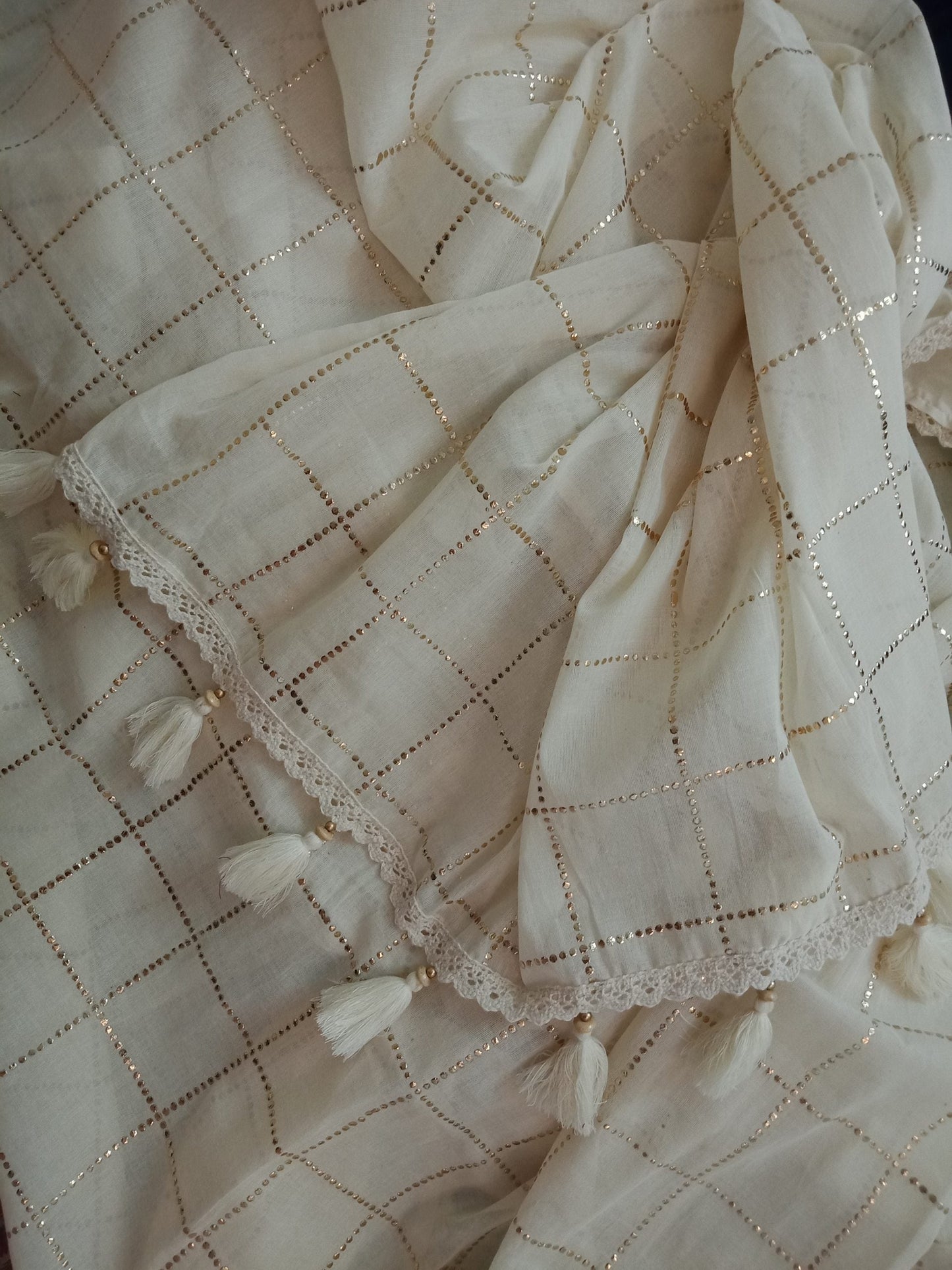 ivory mukaish work mulmul saree