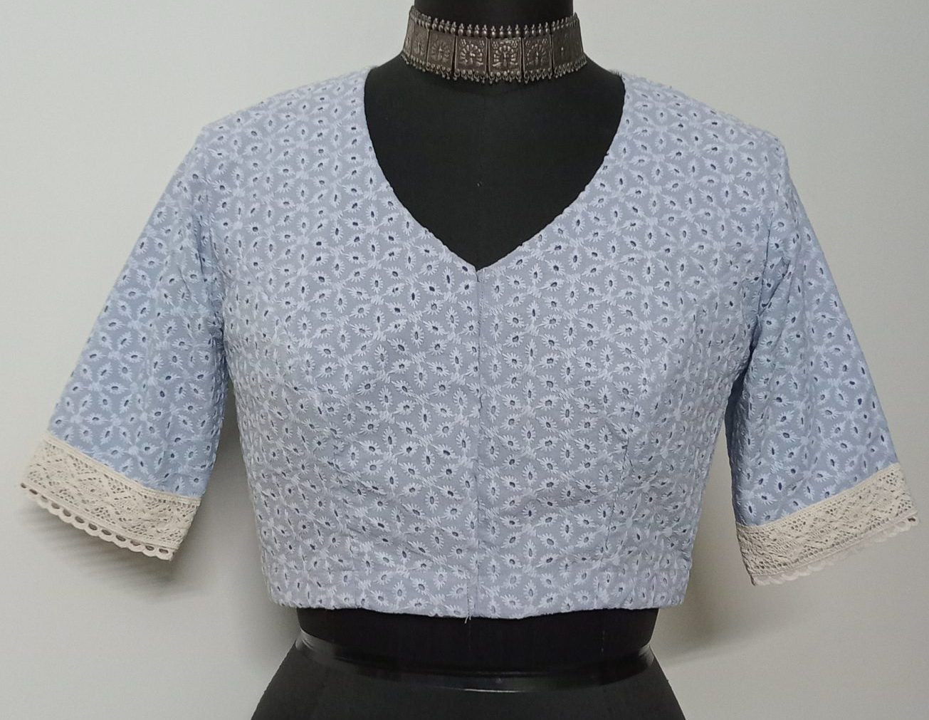 powder blue cut work embroidered blouse
