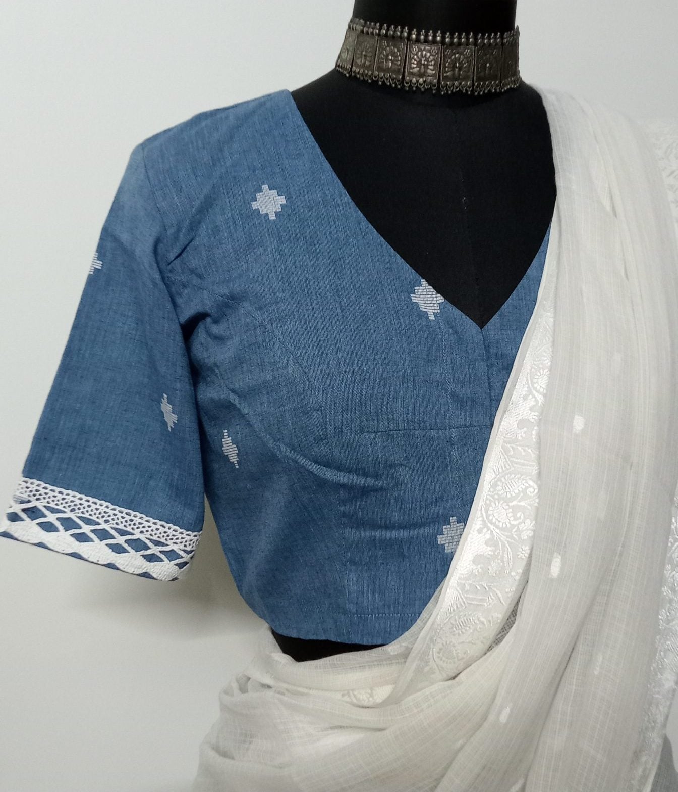 denim blue jacquard blouse