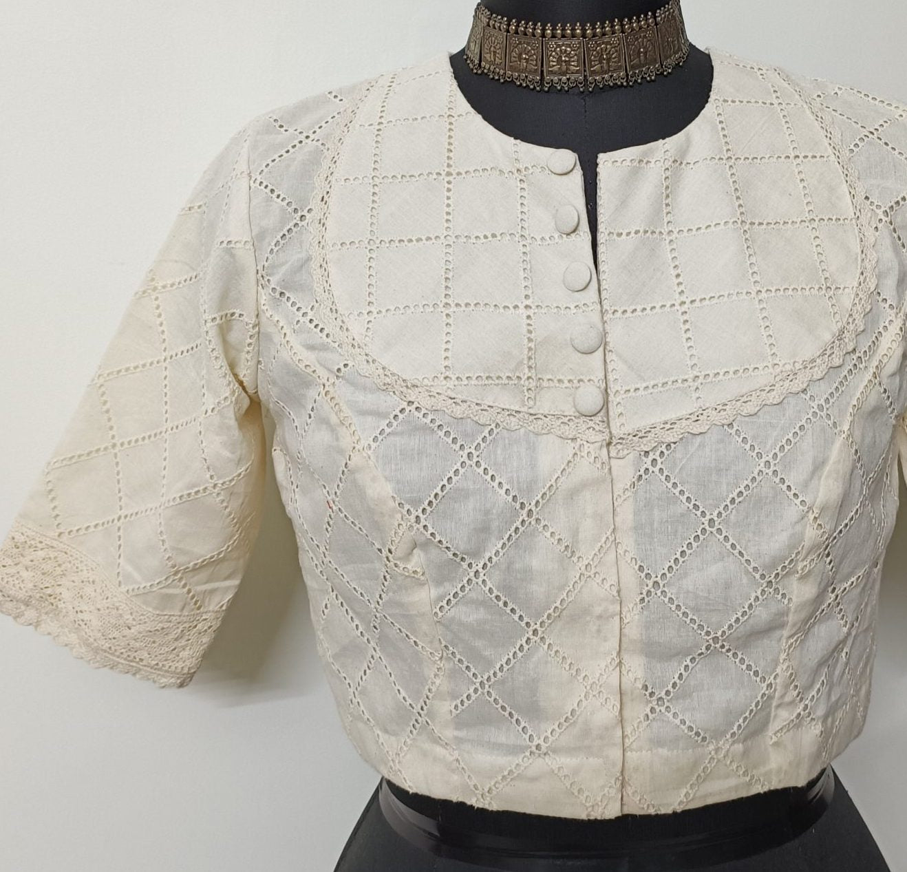 off white cut work checks blouse