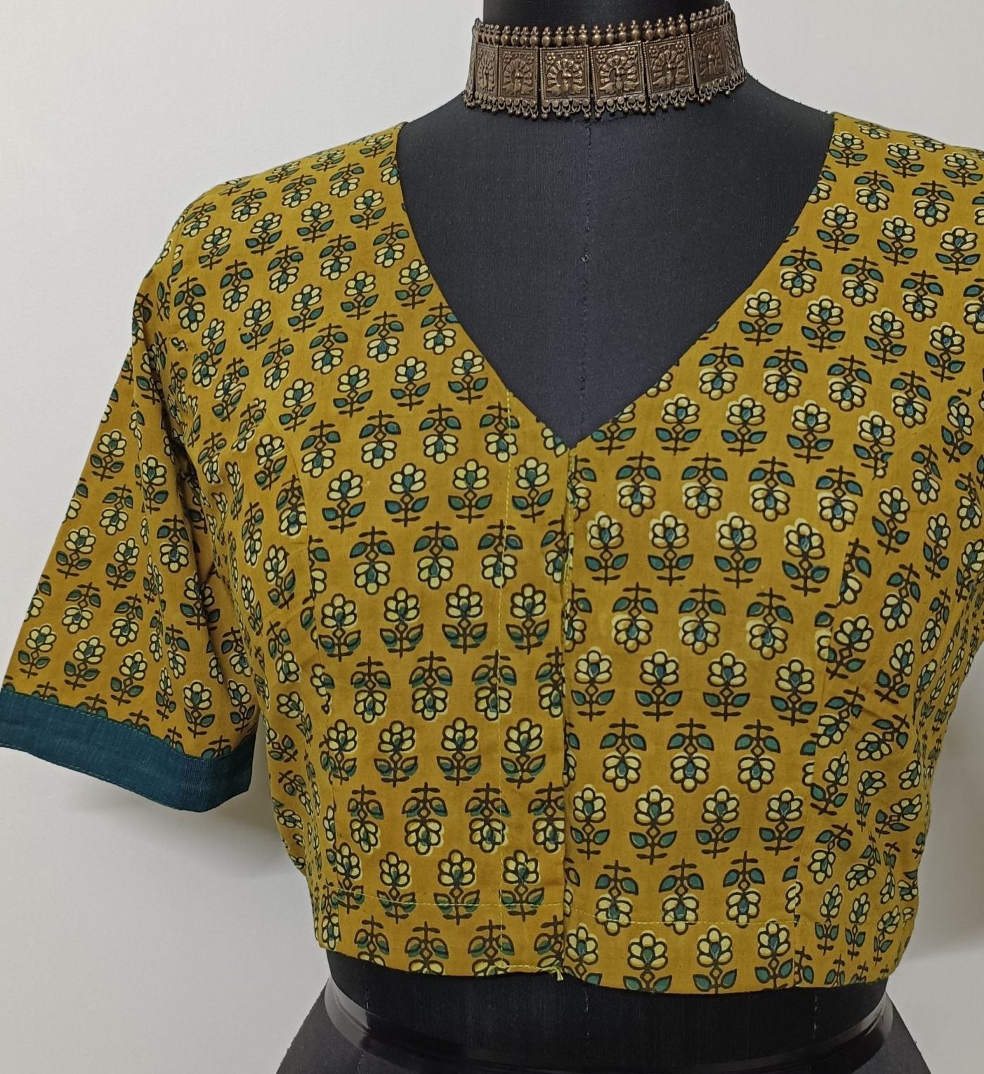 mustard yellow ajrakh blouse with motifs