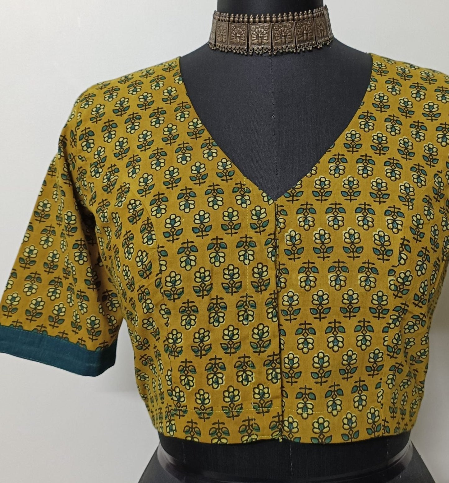 mustard yellow ajrakh blouse with motifs