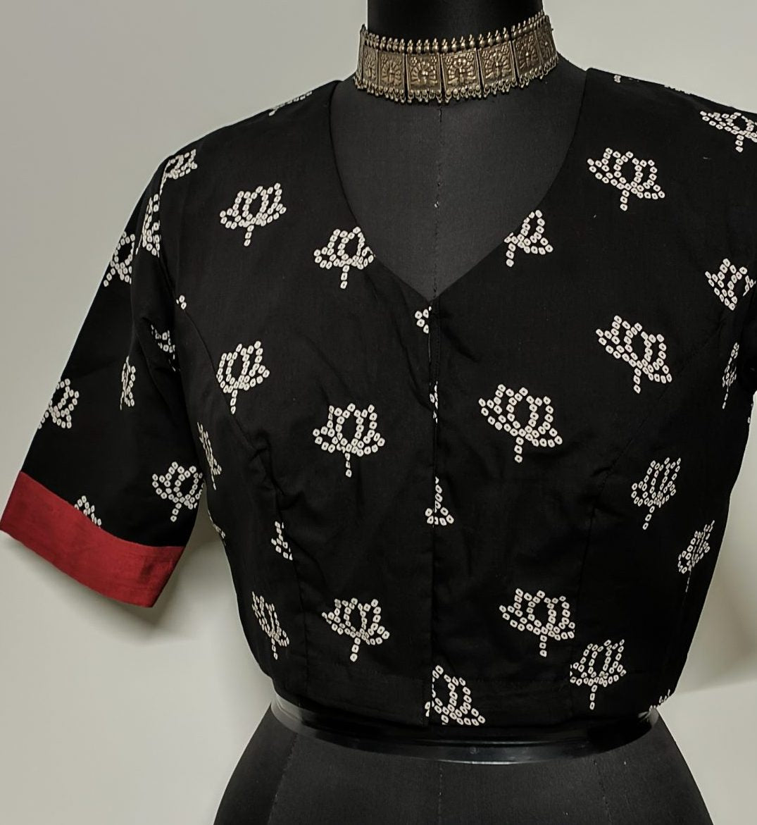 Lotus print black cotton blouse